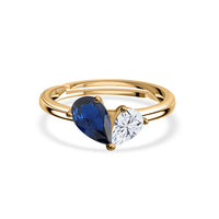 Pear Blue Sapphire CZ Toi Et Moi Yellow Gold Adjustable Ring