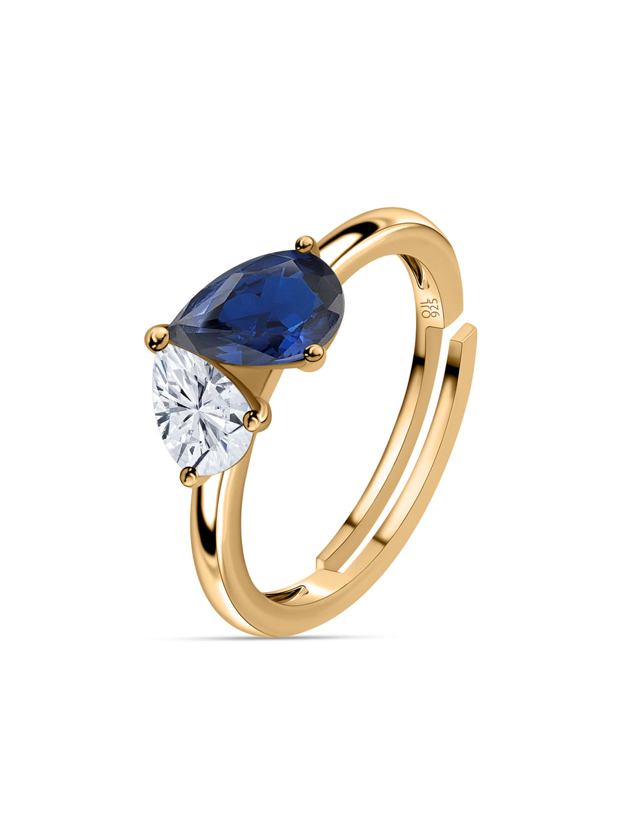 Pear Blue Sapphire Toi Et Moi Yellow Gold Adjustable Ring