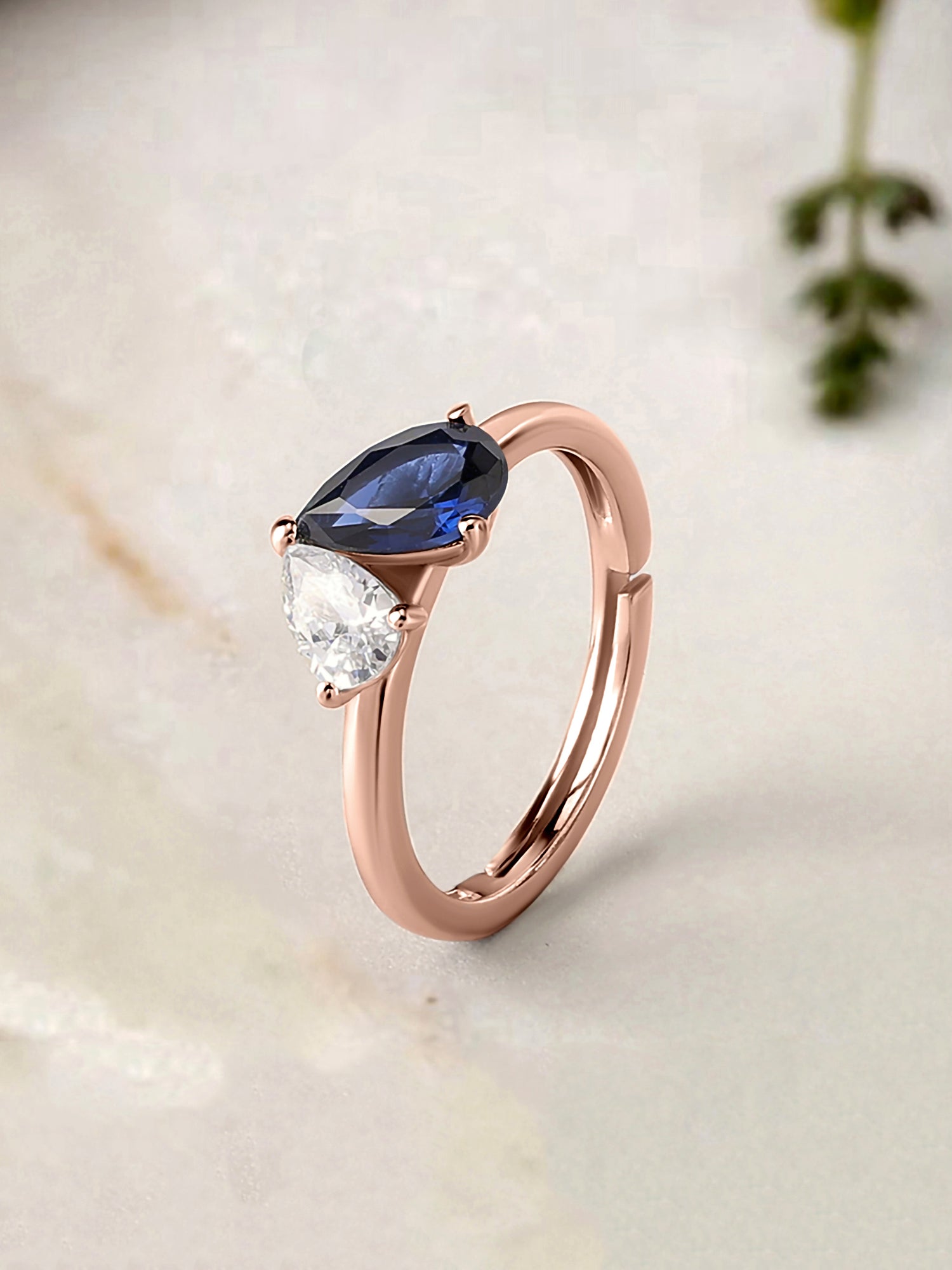 Pear Blue Sapphire Toi Et Moi Rose Gold Adjustable Ring