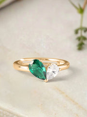 Pear Green Emerald Toi Et Moi Yellow Gold Adjustable Ring