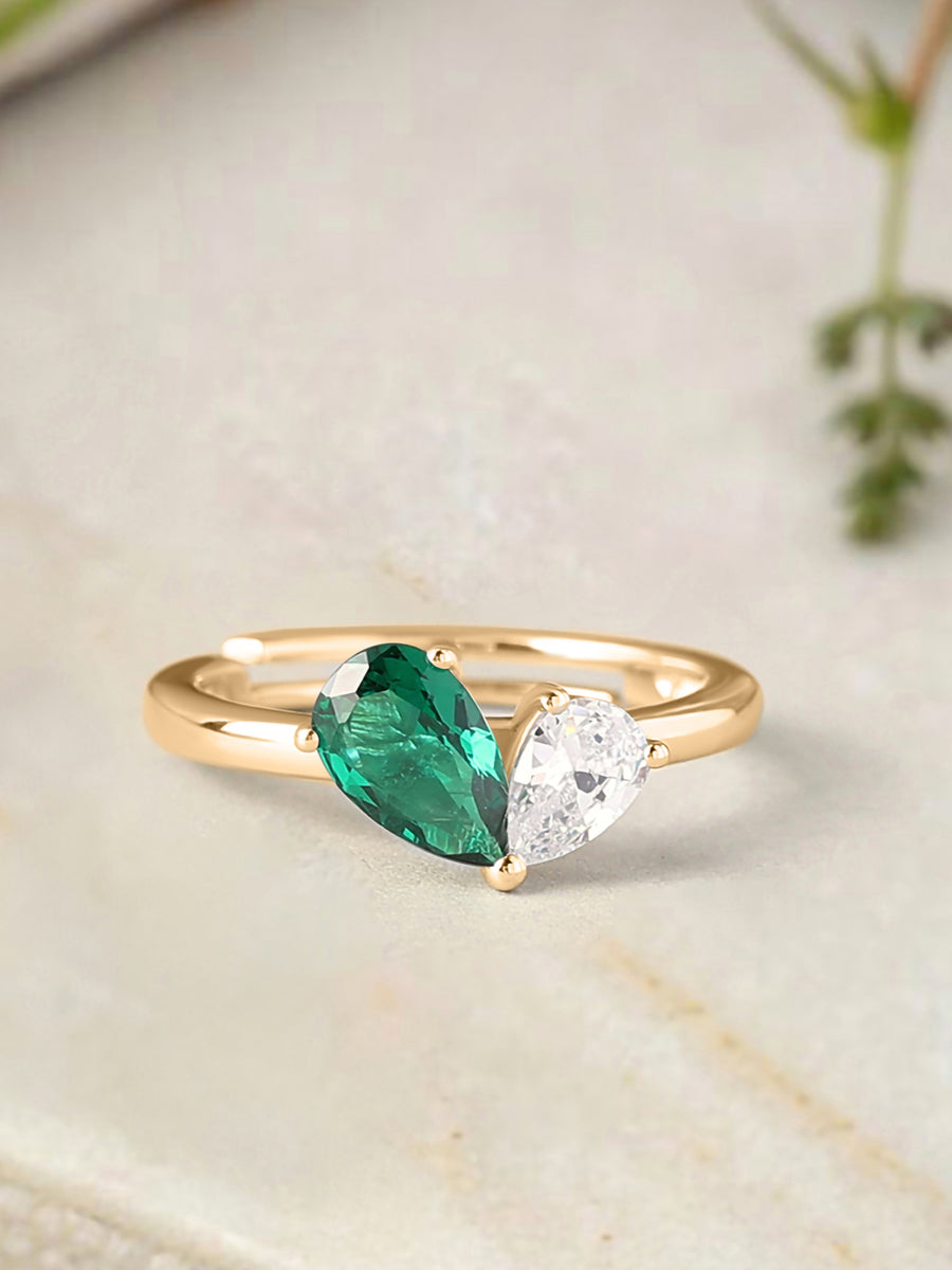 Pear Green Emerald Toi Et Moi Yellow Gold Adjustable Ring