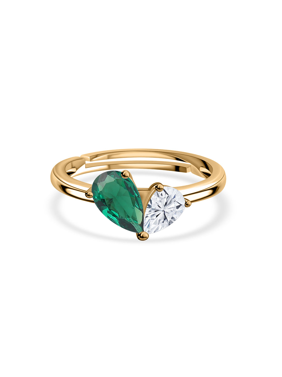 Pear Green Emerald Toi Et Moi Yellow Gold Adjustable Ring