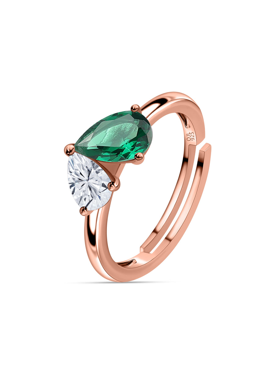 Pear Green Emerald Toi Et Moi Rose Gold Adjustable Ring