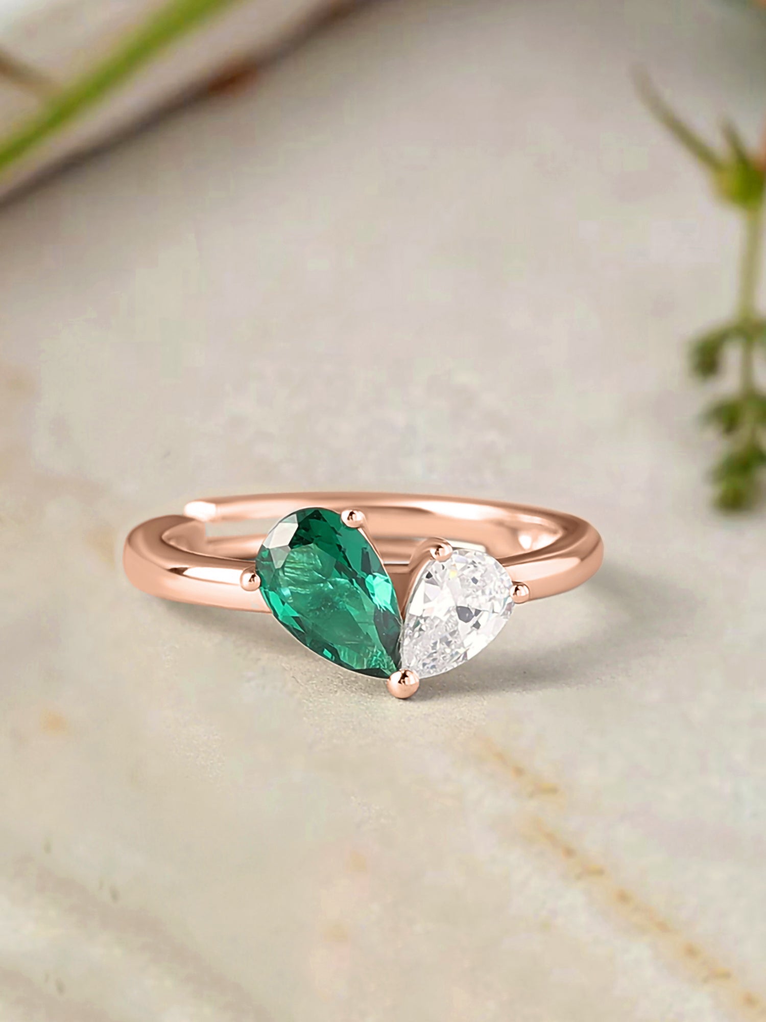 Pear Green Emerald Toi Et Moi Rose Gold Adjustable Ring
