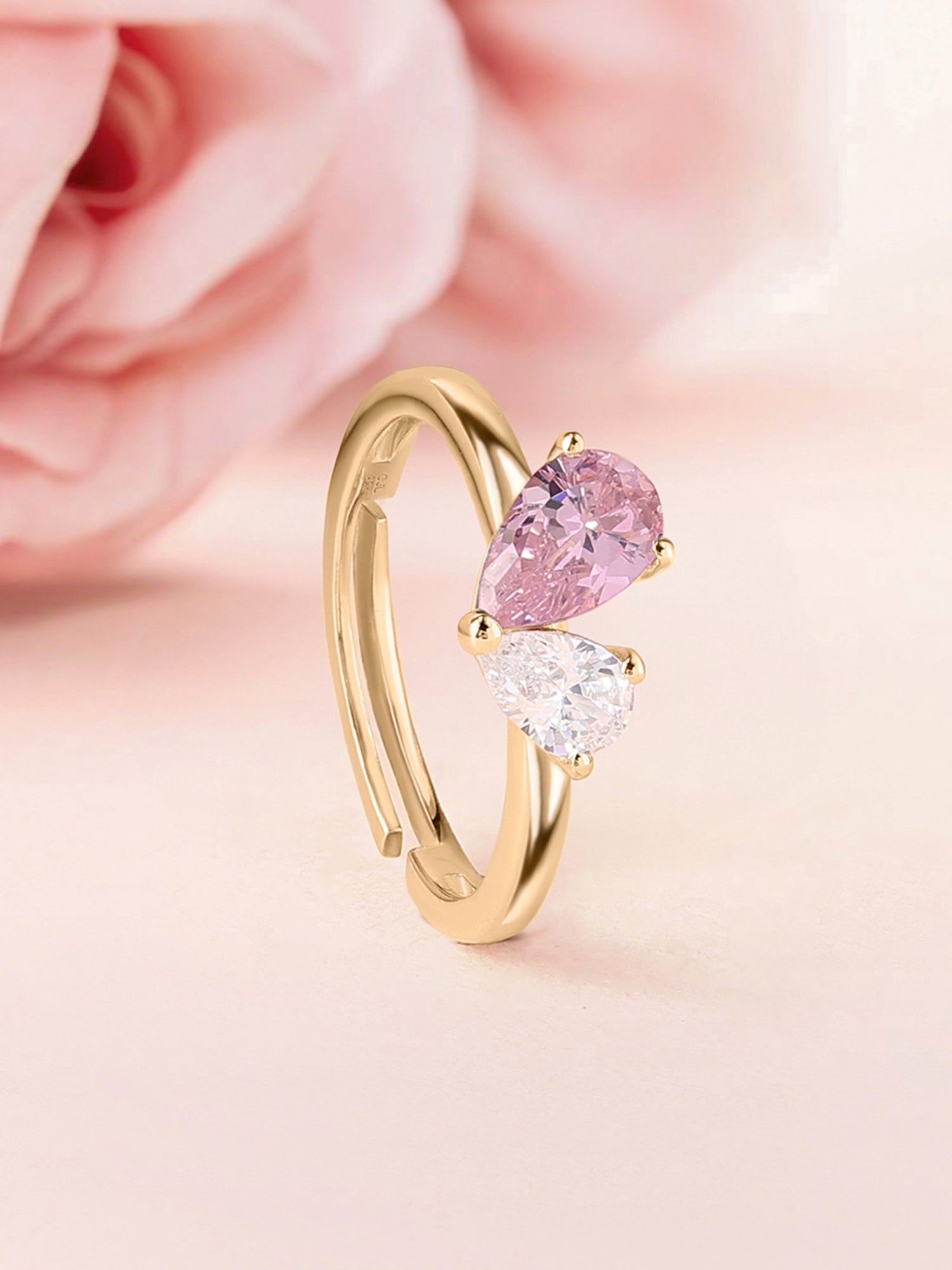 Pear Pink Cz Toi Et Moi Adjustable Yellow Gold Ring