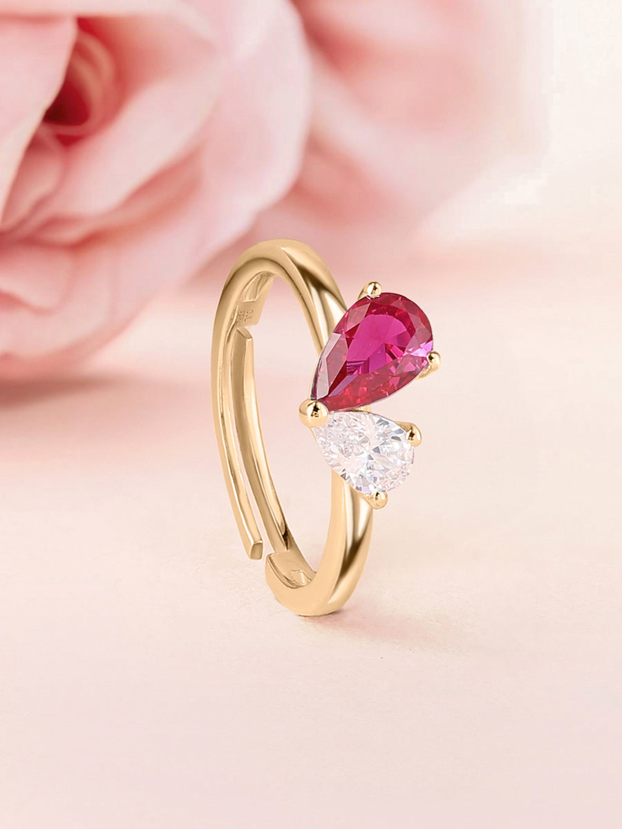 Pear Red Ruby Toi Et Moi Yellow Gold Adjustable Ring