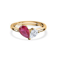 Pear Red Ruby CZ Toi Et Moi Yellow Gold Adjustable Ring