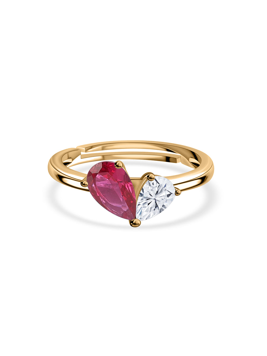 Pear Red Ruby Toi Et Moi Yellow Gold Adjustable Ring