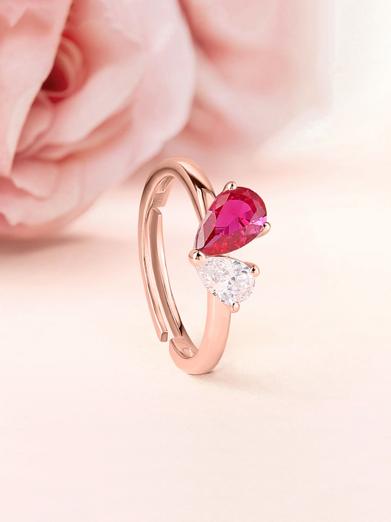 Pear Red Ruby Toi Et Moi Rose Gold Adjustable Ring