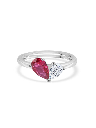 Pear Ruby CZ Toi Et Moi Adjustable Silver Ring for Women