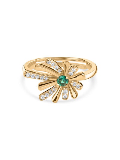 Round green emerald CZ ring in yellow gold-plated silver by Ornate Jewels