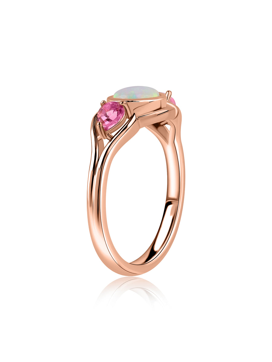 Natural Opal & Pink Tourmaline Trio Gold Ring