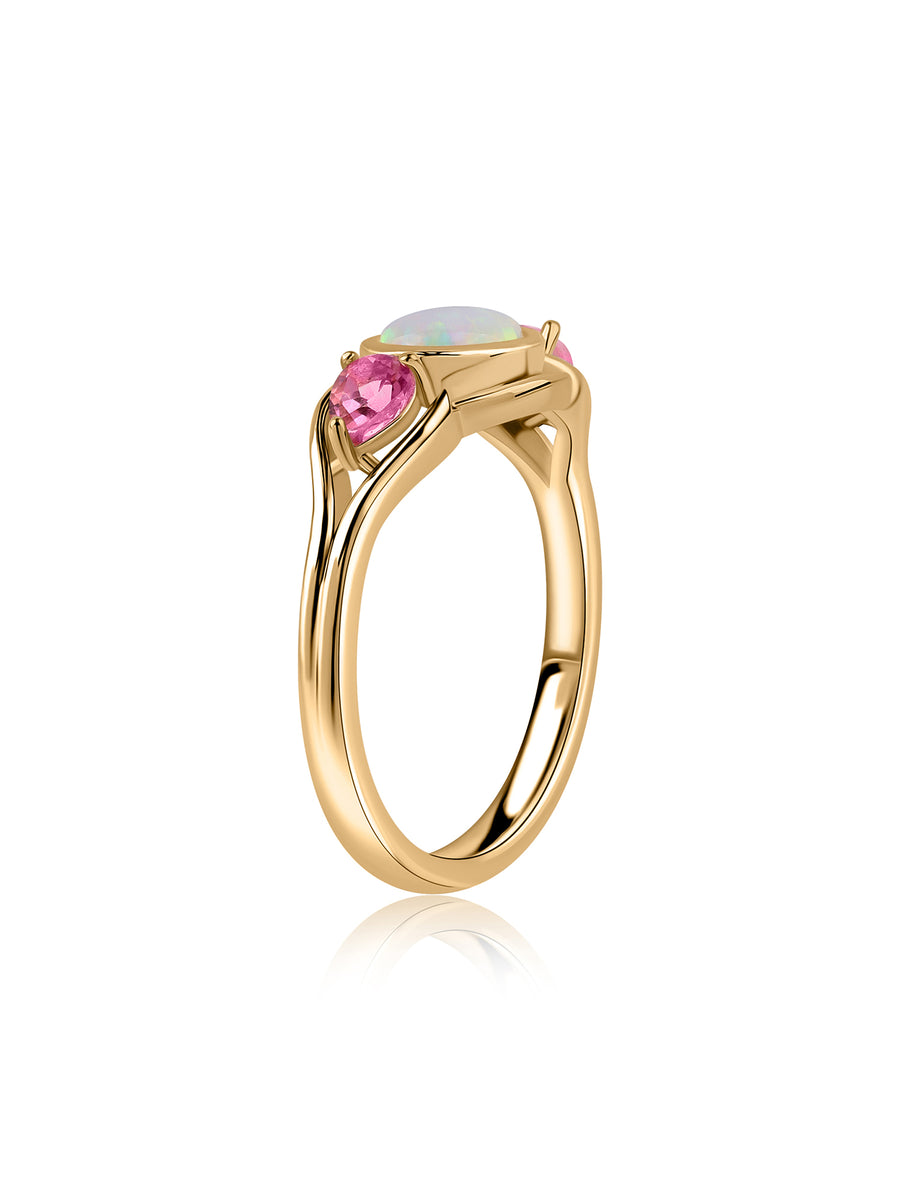 Natural Opal & Pink Tourmaline Trio Gold Ring