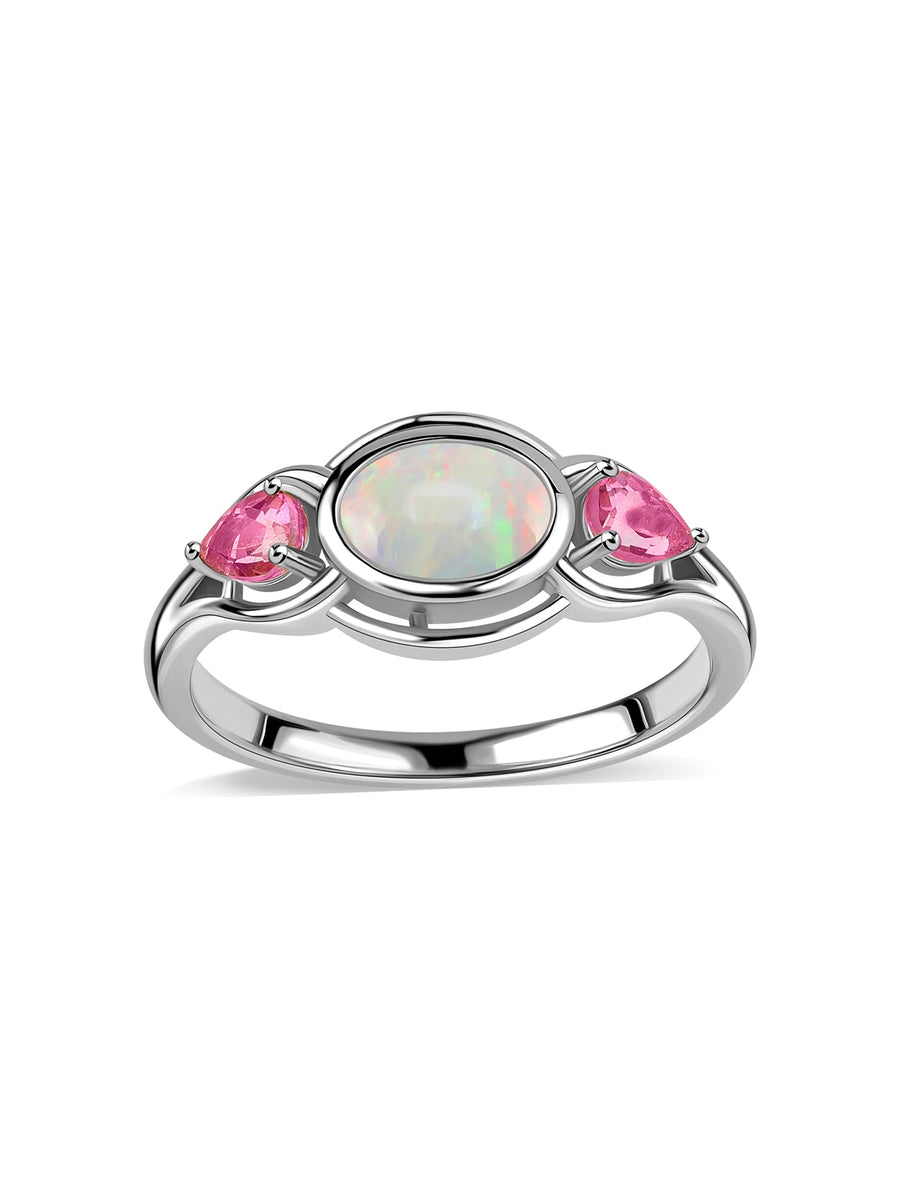Natural Opal & Pink Tourmaline Trio Gold Ring