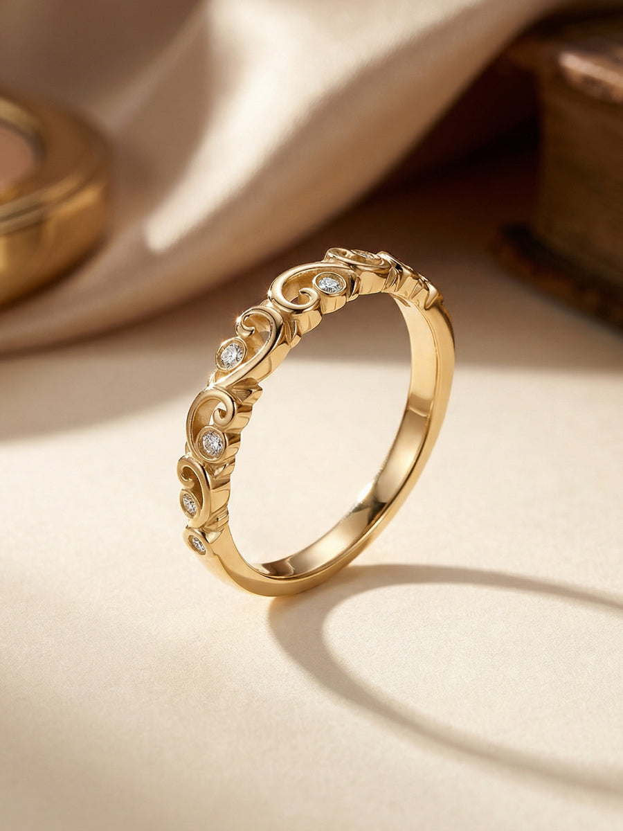 Filigree Swirl Diamond Yellow Gold Band Ring