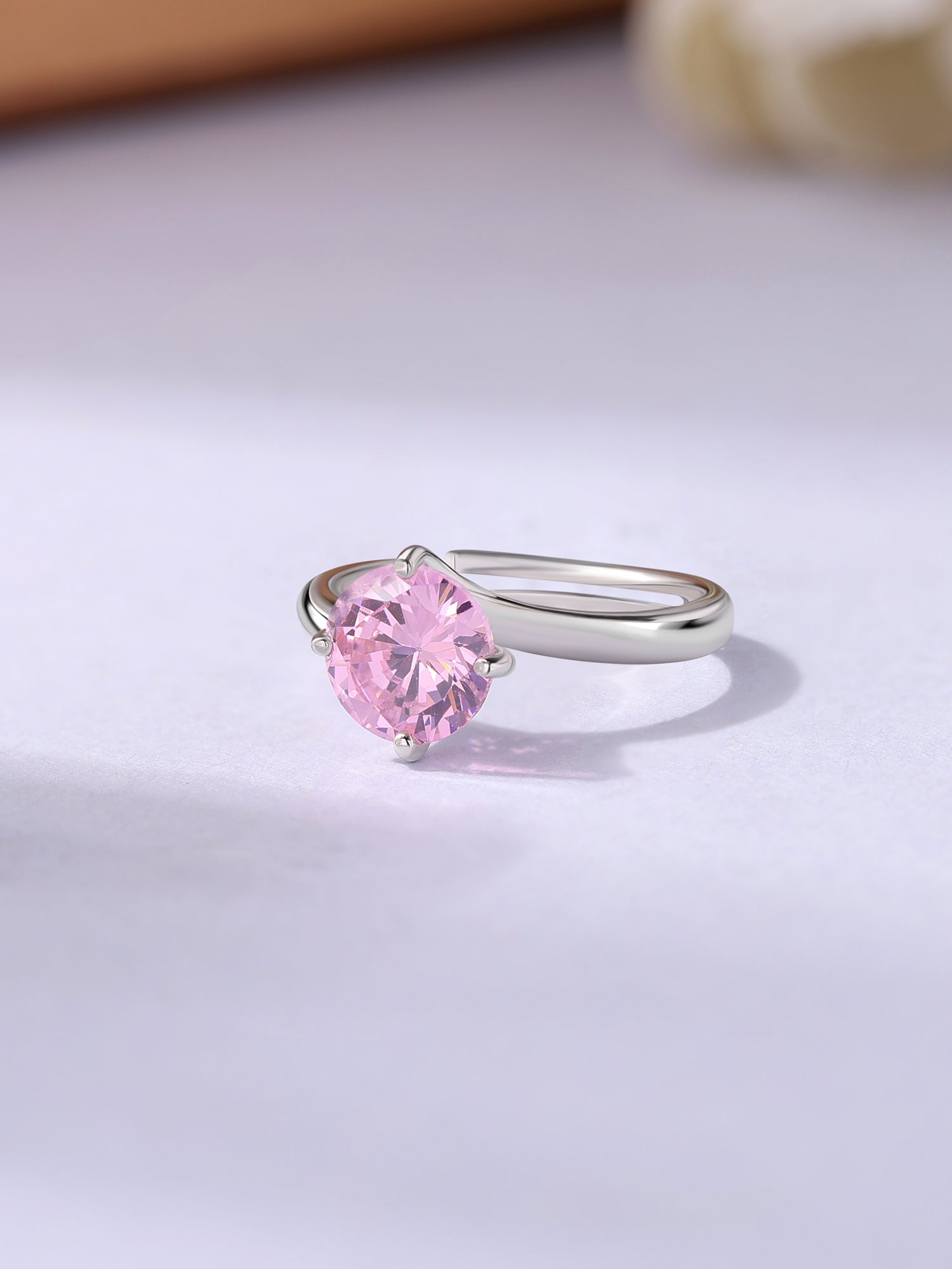 Silver Pink CZ Solitaire Ring