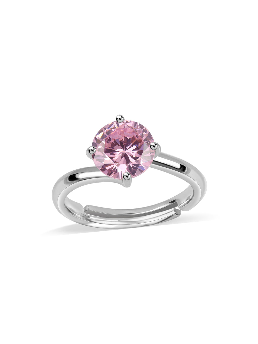 Silver Pink CZ Solitaire Ring