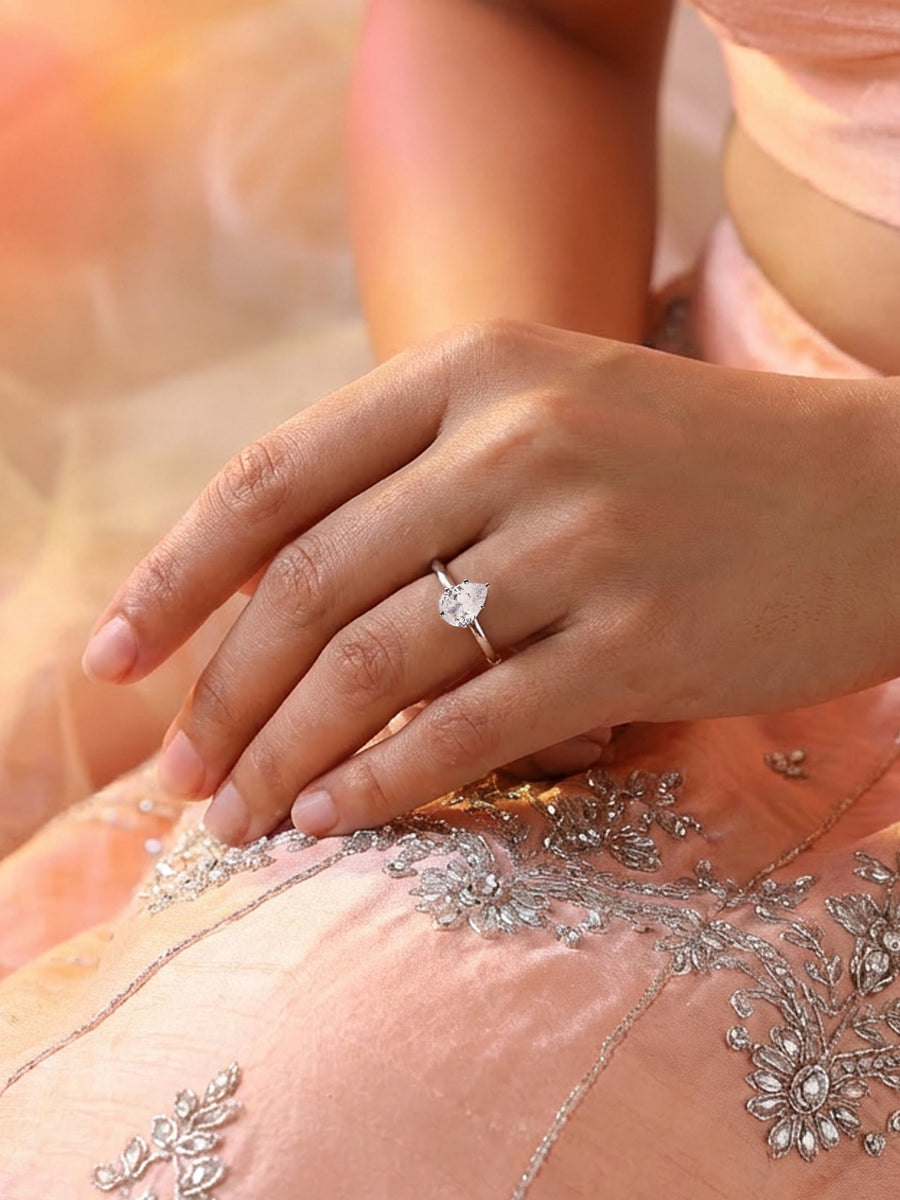 Solitaire CZ Pear Adjustable Silver Ring