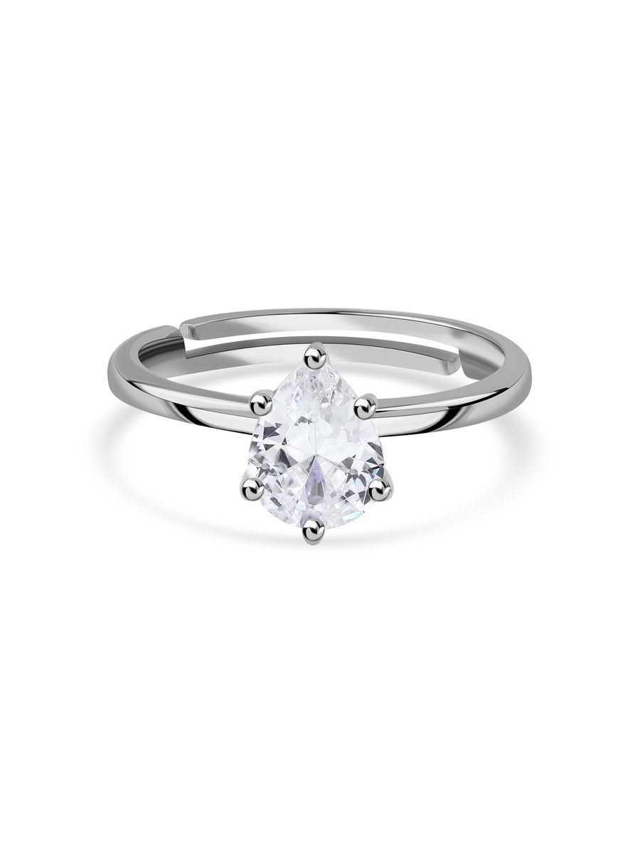 Solitaire CZ Pear Adjustable Silver Ring