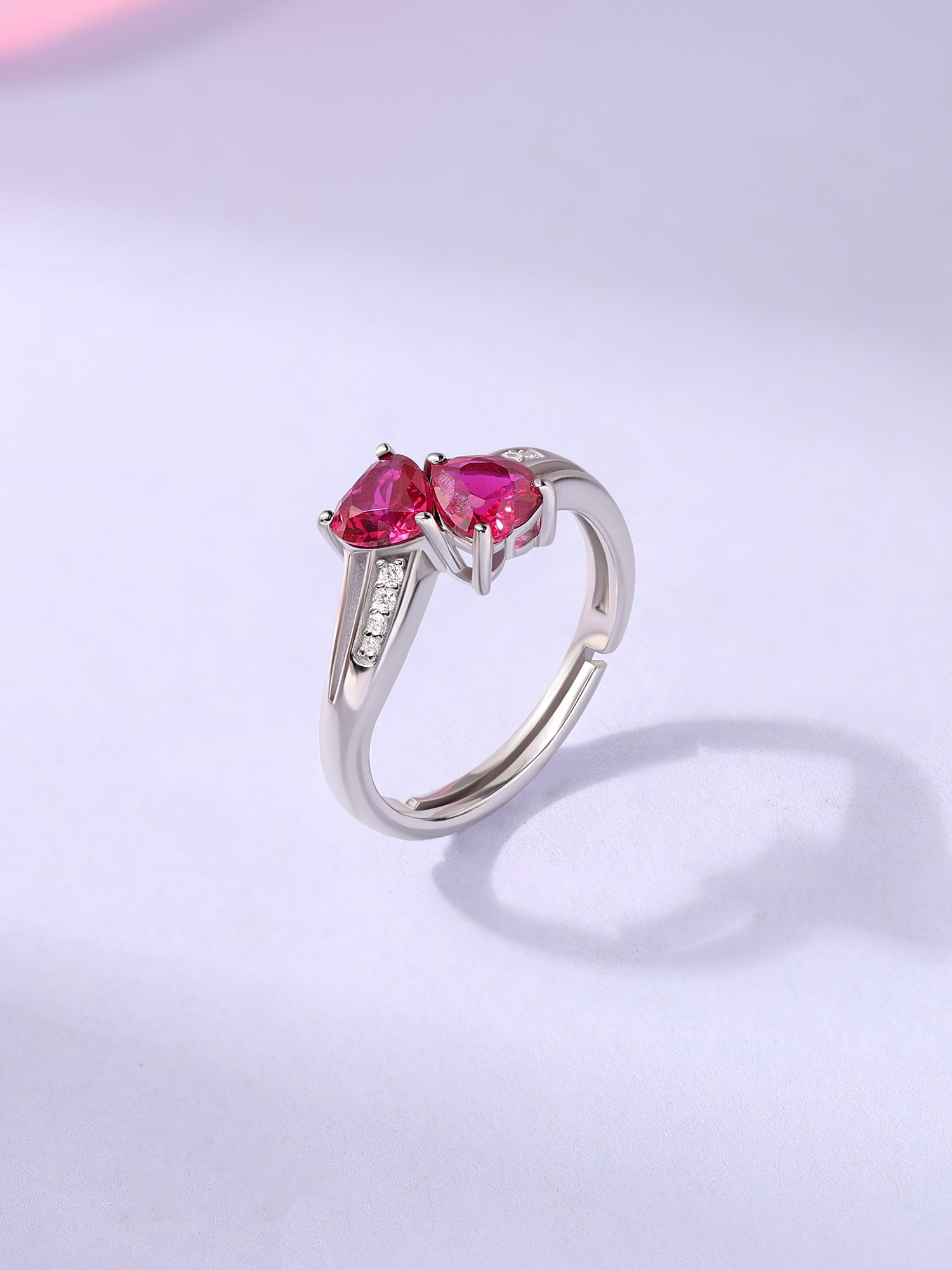 Silver Ruby Heart & White Round CZ Ring