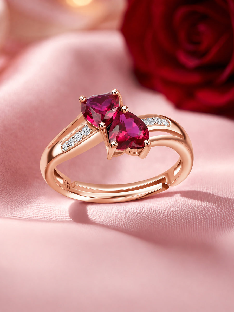Ruby Heart & White Round CZ Rose Gold Plated Ring