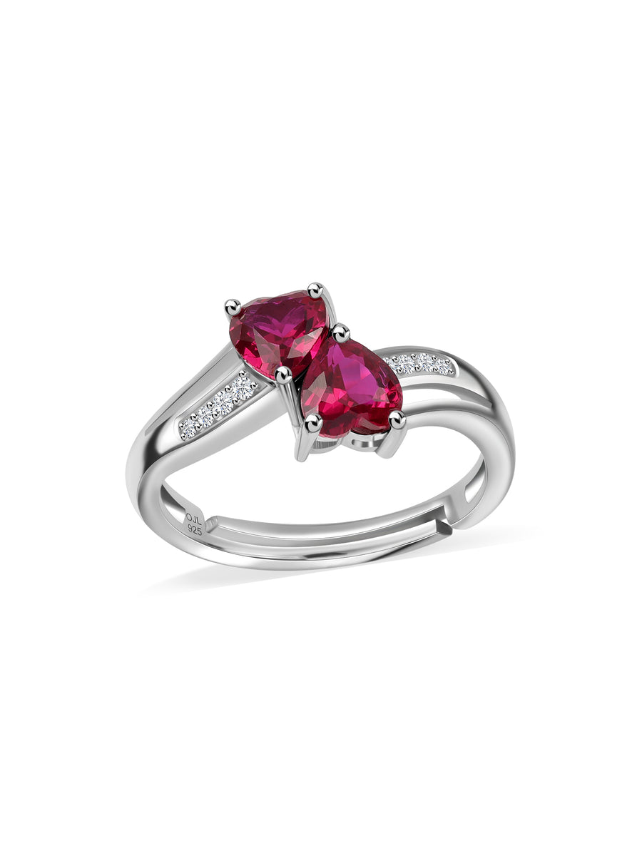 Silver Ruby Heart & White Round CZ Ring