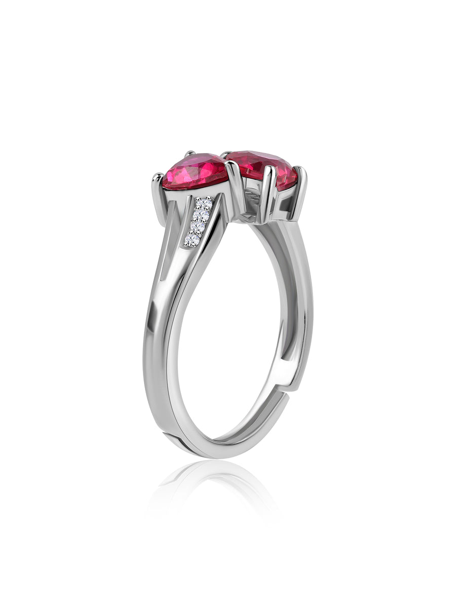Silver Ruby Heart & White Round CZ Ring