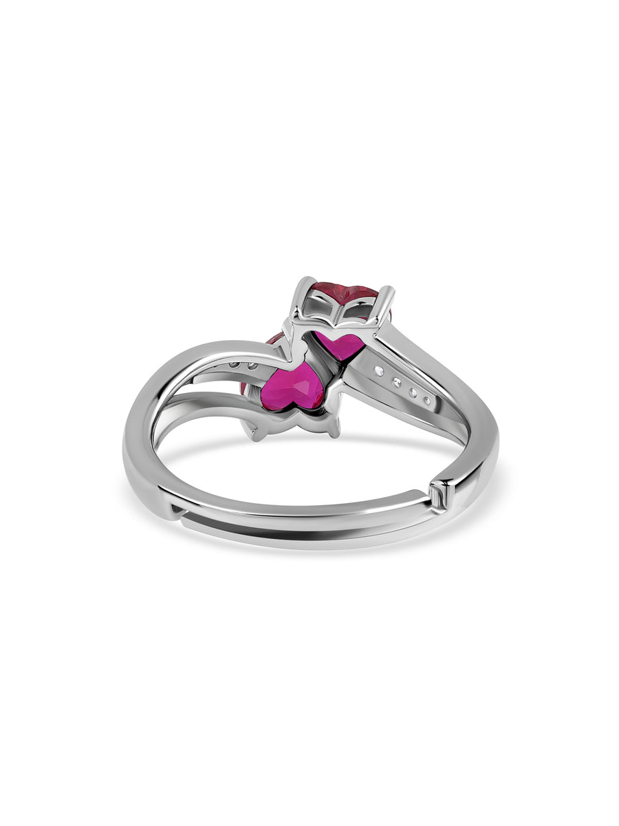 Silver Ruby Heart & White Round CZ Ring