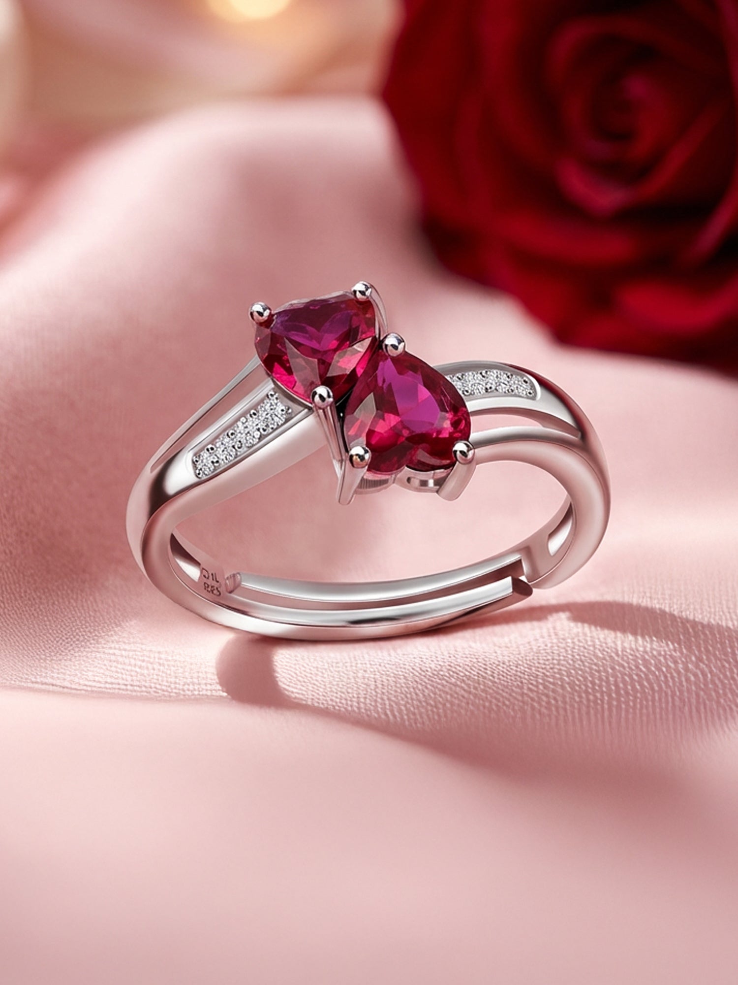 Silver Ruby Heart & White Round CZ Ring