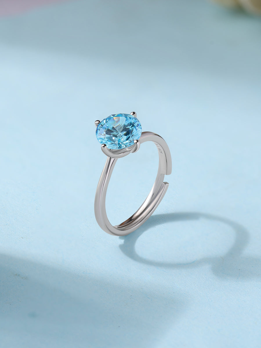 Silver Blue Topaz CZ Round Ring