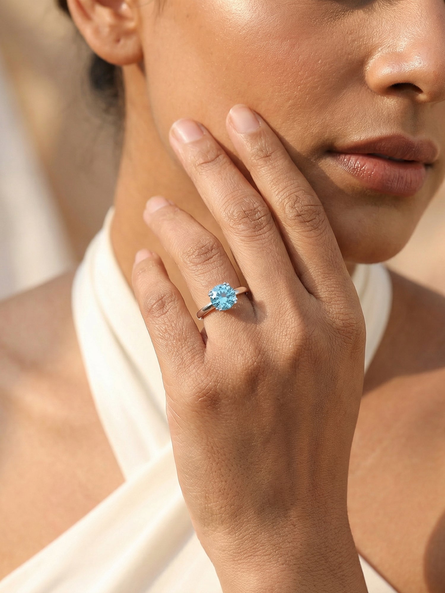 Silver Blue Topaz CZ Round Ring