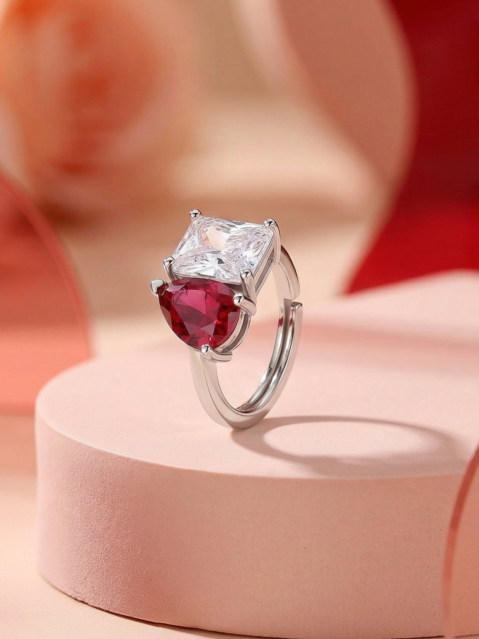 Toi Et Moi Ruby and White Stone Adjustable Silver Ring
