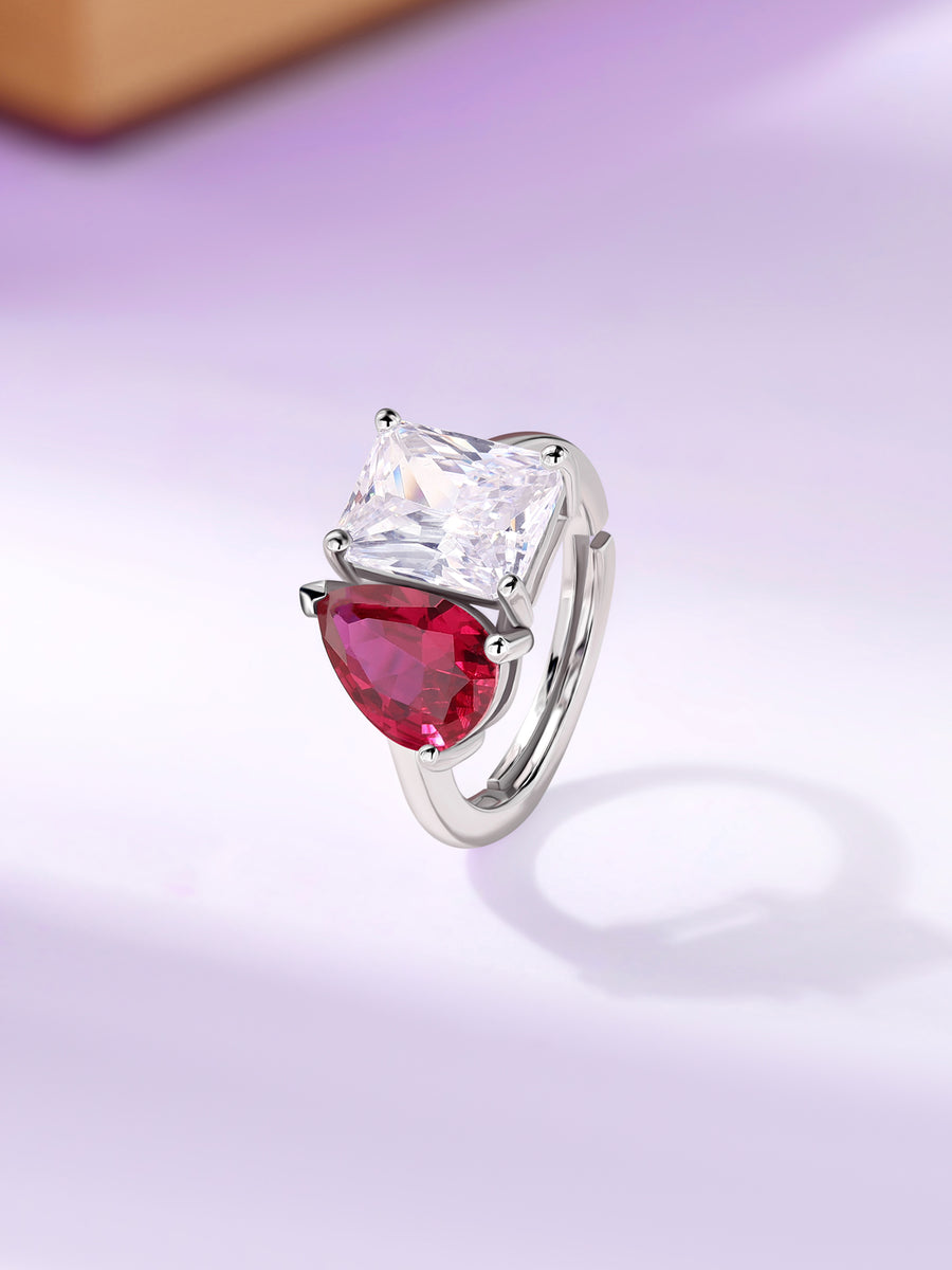 Toi Et Moi Ruby and White Stone Adjustable Silver Ring