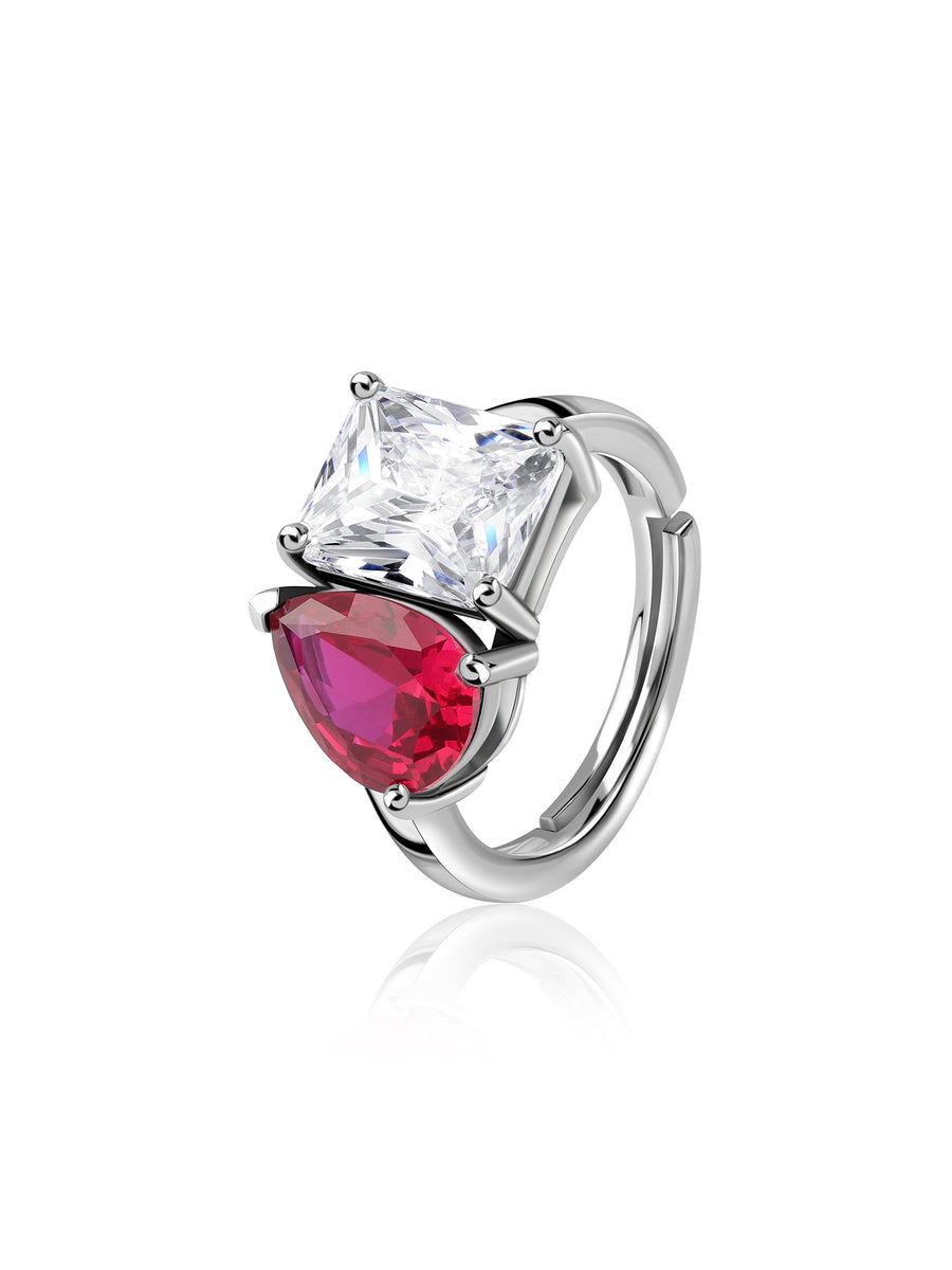 Toi Et Moi Ruby and White Stone Adjustable Silver Ring