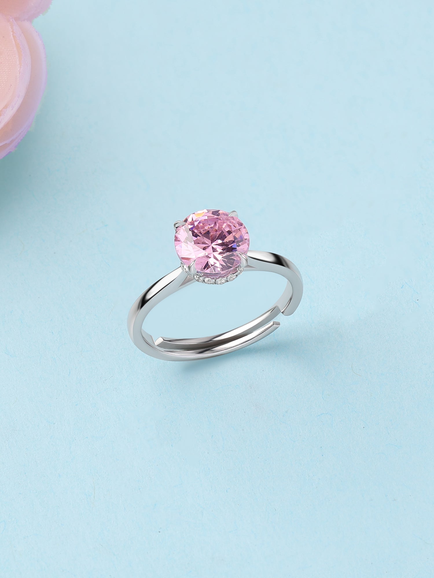 Blush Pink CZ Round Solitaire Adjustable Silver Ring