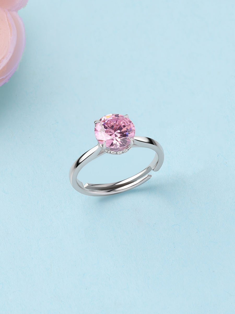 Blush Pink CZ Round Solitaire Adjustable Silver Ring