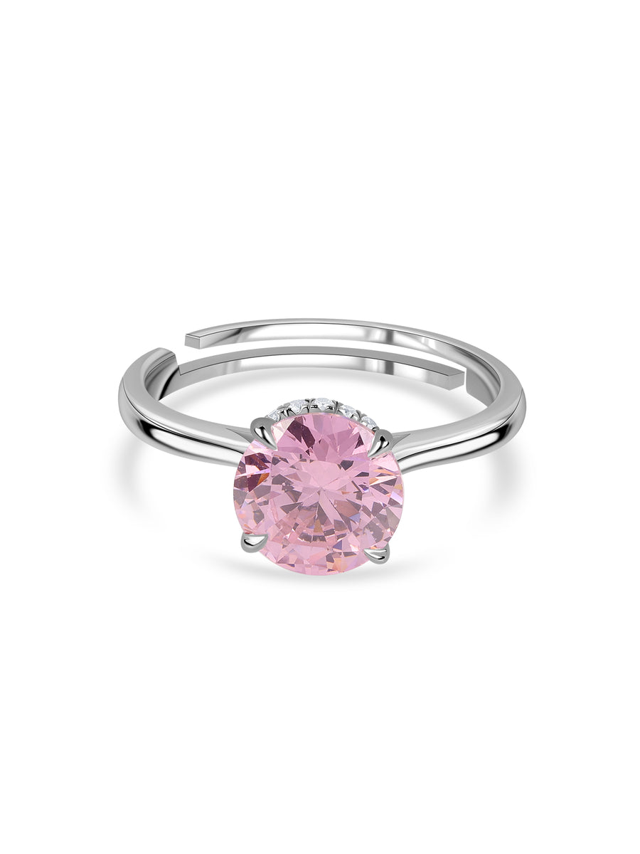 Blush Pink CZ Round Solitaire Adjustable Silver Ring