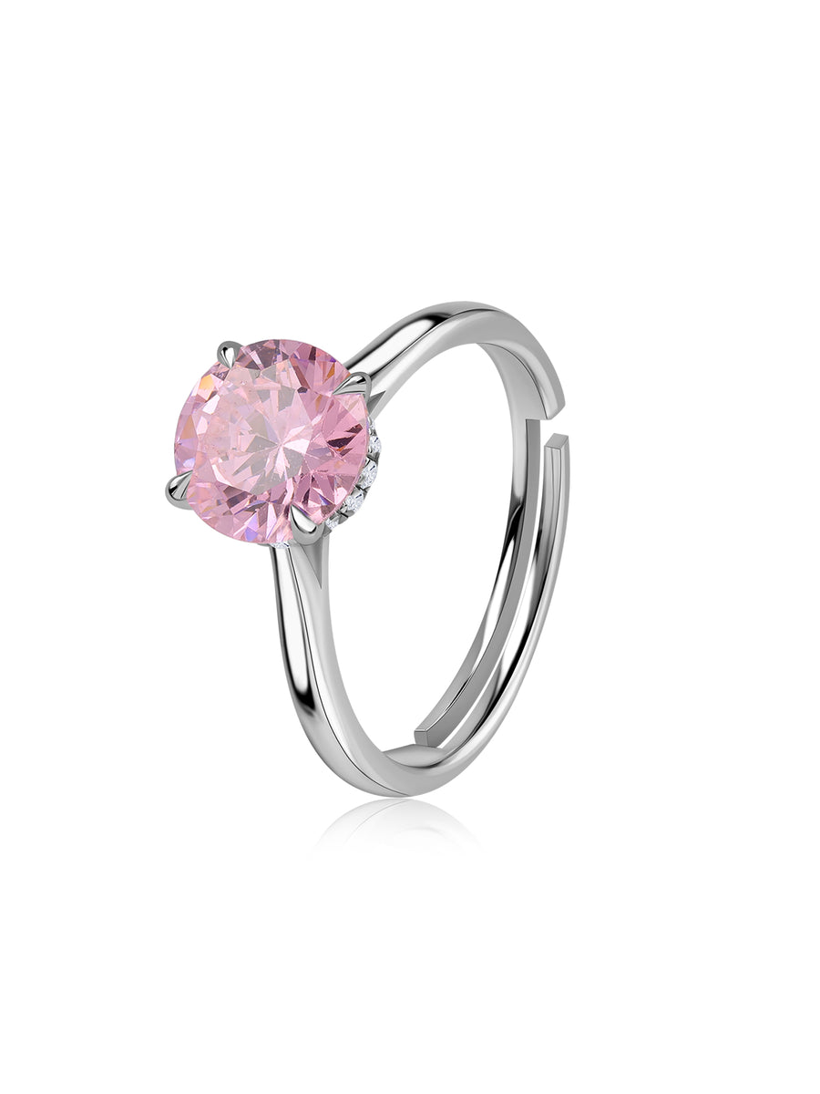 Blush Pink CZ Round Solitaire Adjustable Silver Ring