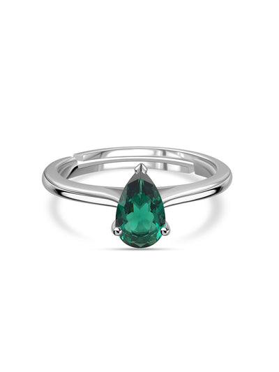 Green Emerald Pear Silver Solitaire Ring