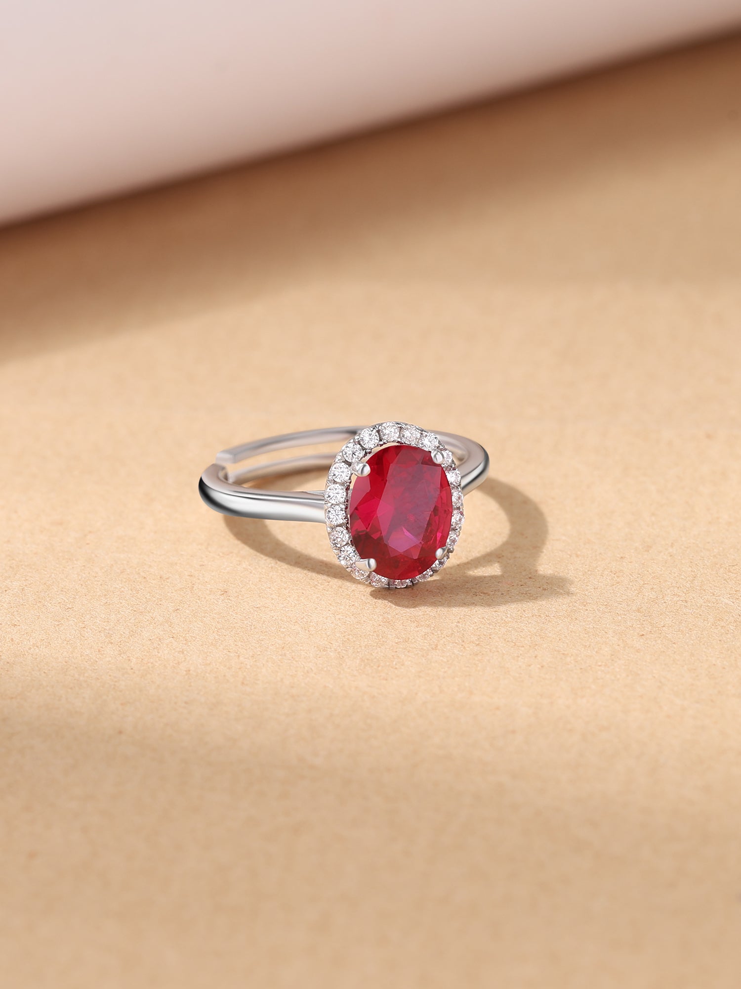 Ruby CZ Oval Halo Adjustable Silver Ring