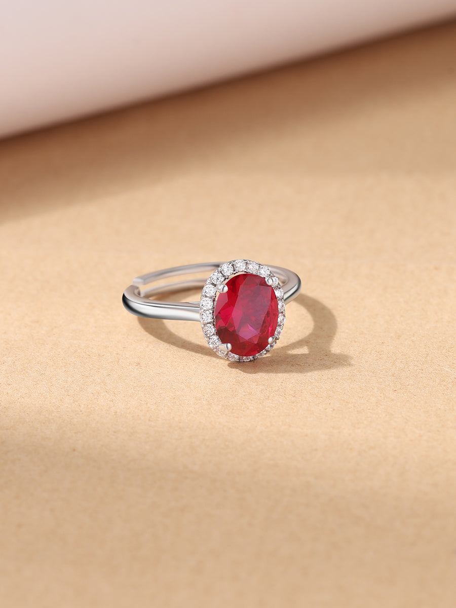Ruby CZ Oval Halo Adjustable Silver Ring