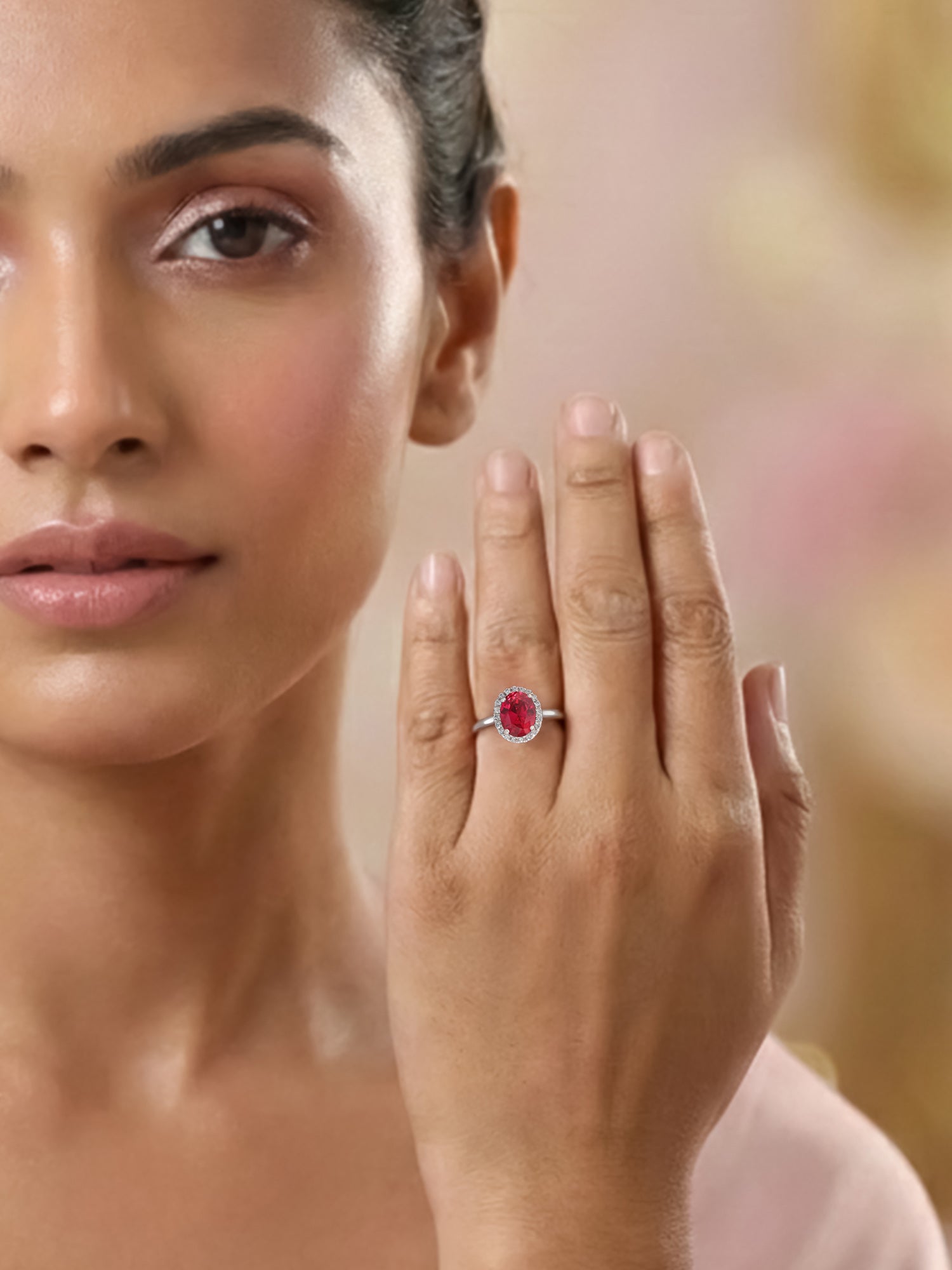 Ruby CZ Oval Halo Adjustable Silver Ring