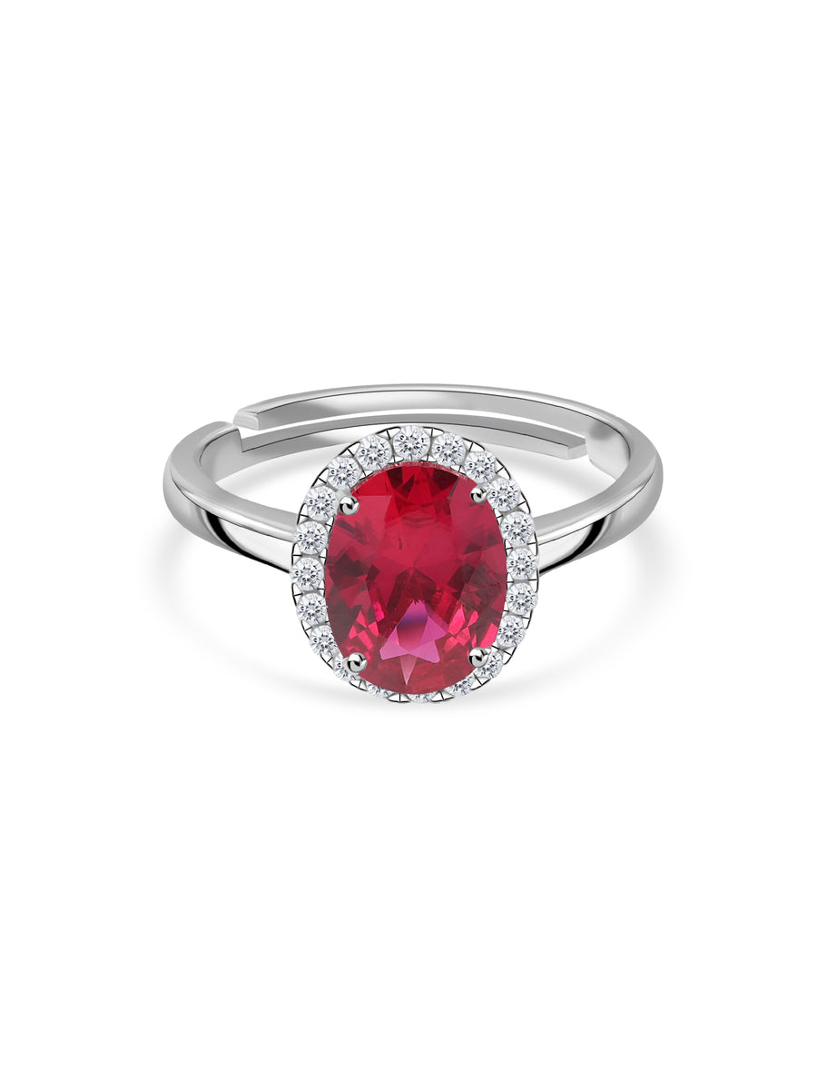 Ruby CZ Oval Halo Adjustable Silver Ring