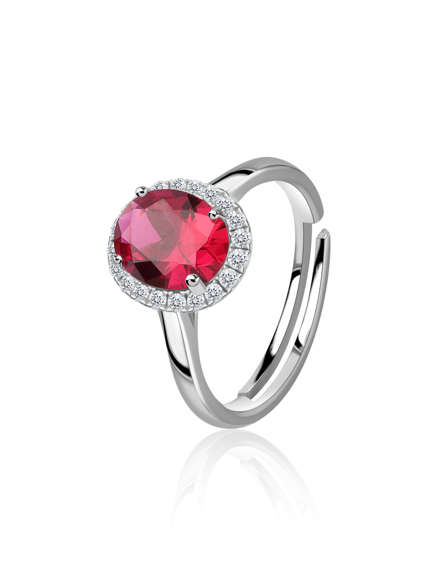 Ruby CZ Oval Halo Adjustable Silver Ring