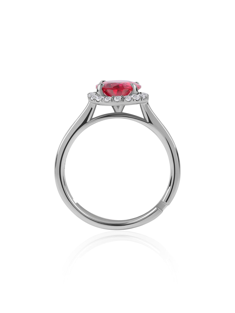 Ruby CZ Oval Halo Adjustable Silver Ring