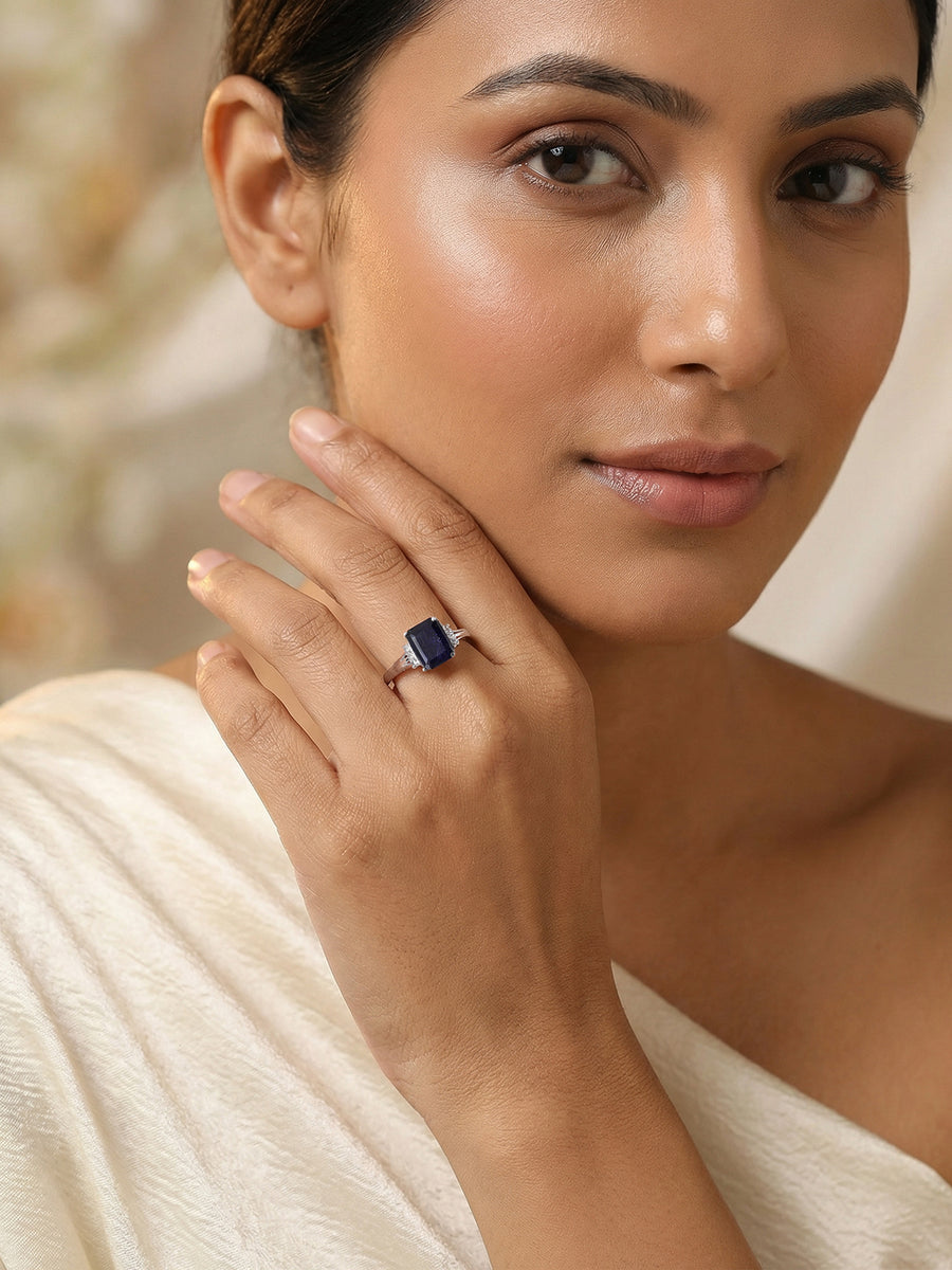 Elegant Blue Sapphire Halo Silver Ring