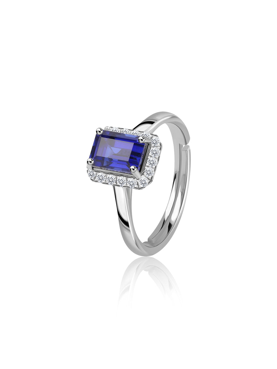 Elegant Blue Sapphire Halo Silver Ring