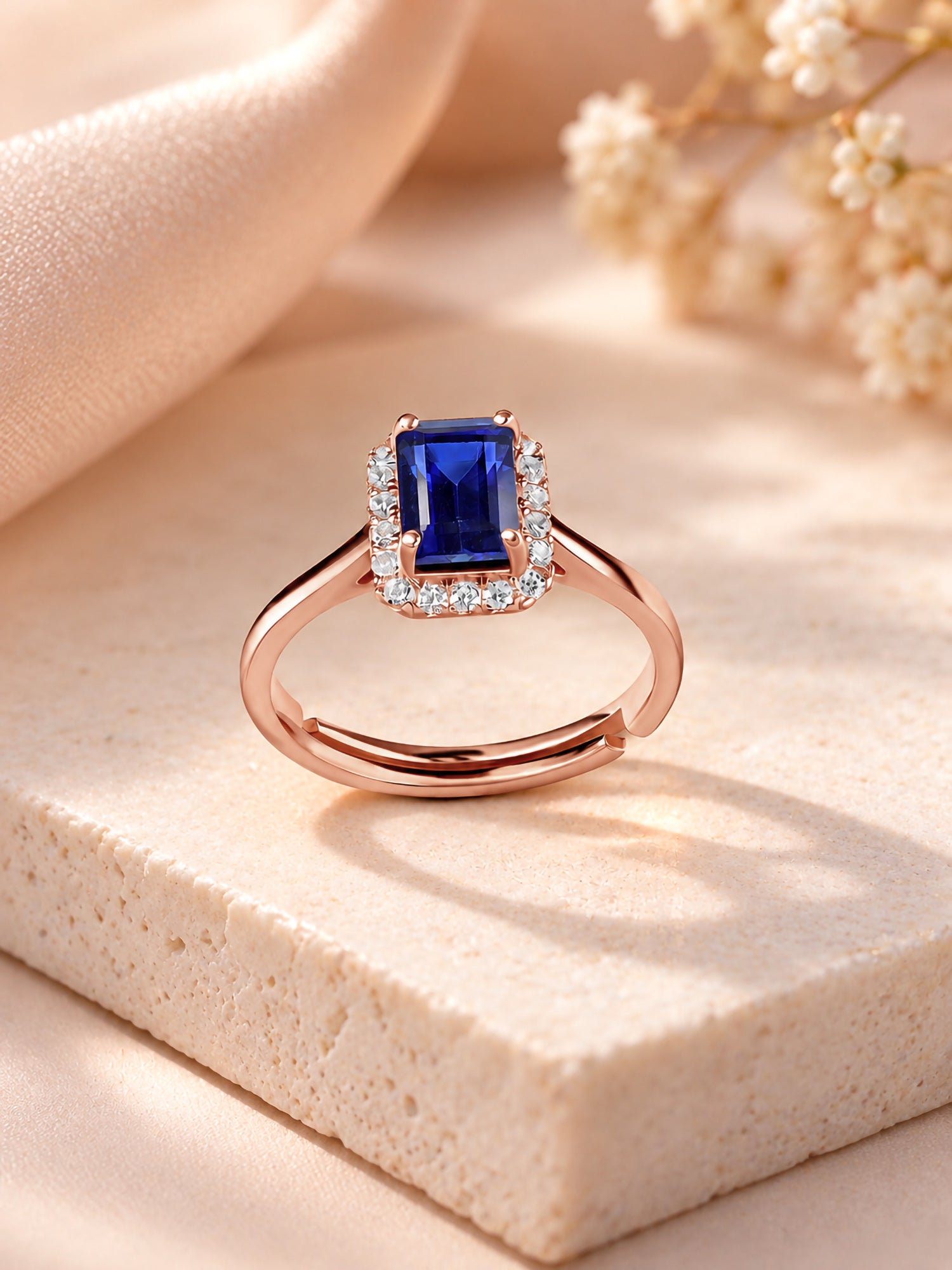 Elegant Blue Sapphire CZ Halo Rose Gold Plated Ring