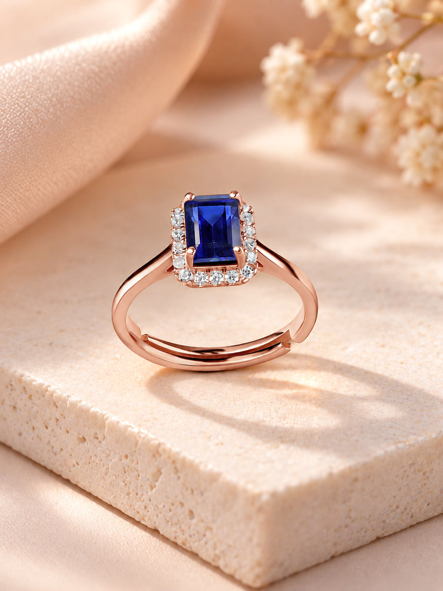 Elegant Blue Sapphire CZ Halo Rose Gold Plated Ring