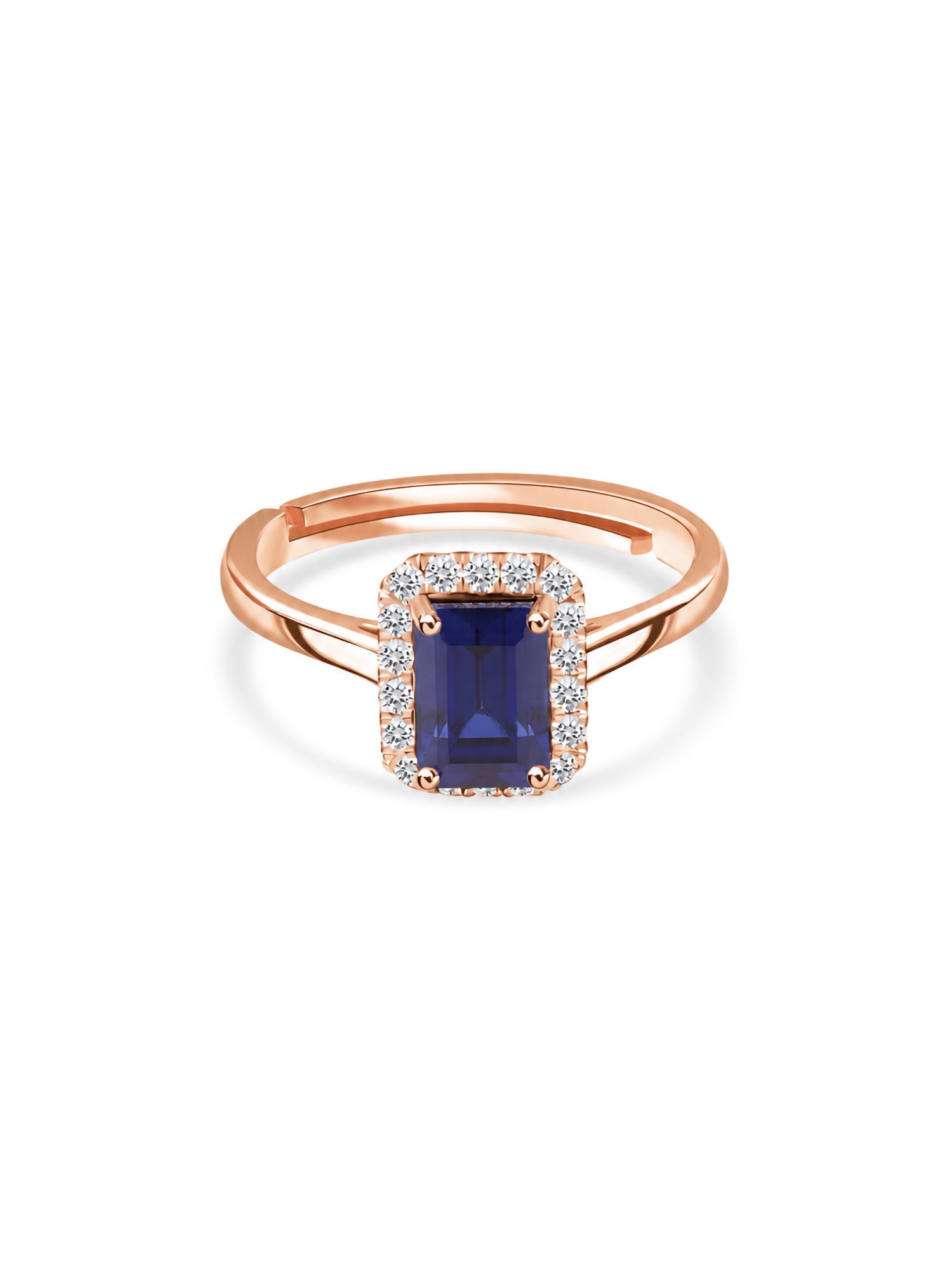 Elegant Blue Sapphire CZ Halo Rose Gold Plated Ring